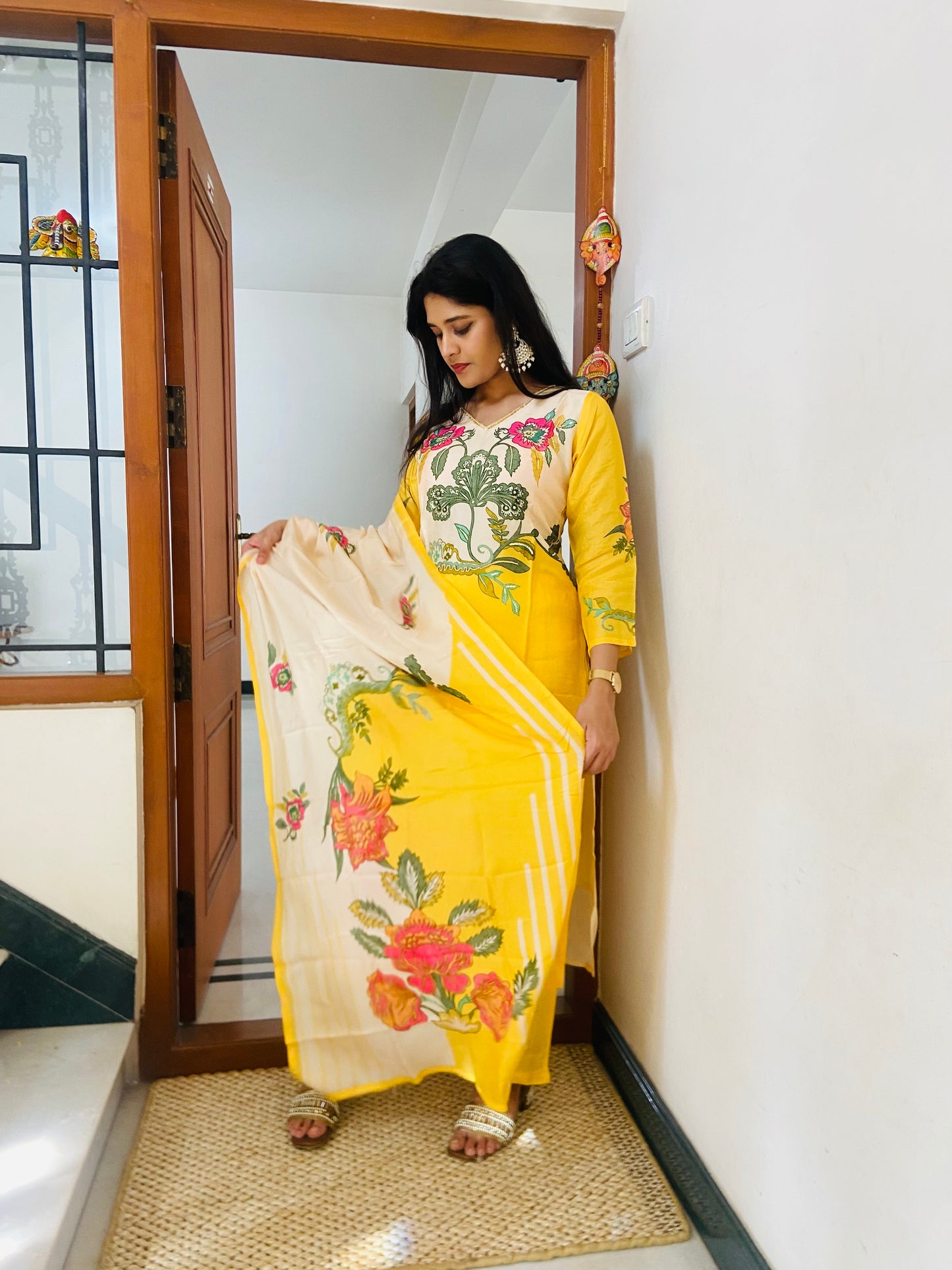 LB0055-Yellow Coloured Muslin Salwar Suit Set