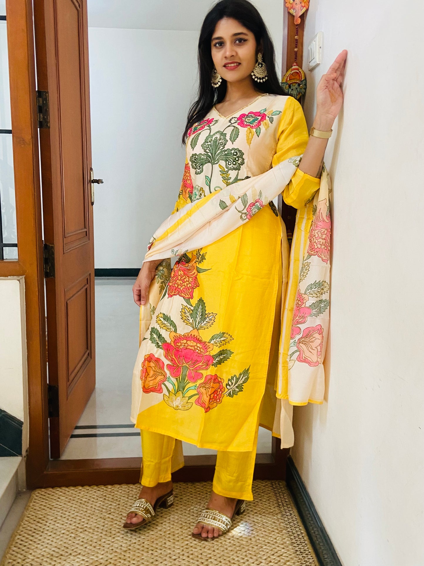 LB0055-Yellow Coloured Muslin Salwar Suit Set