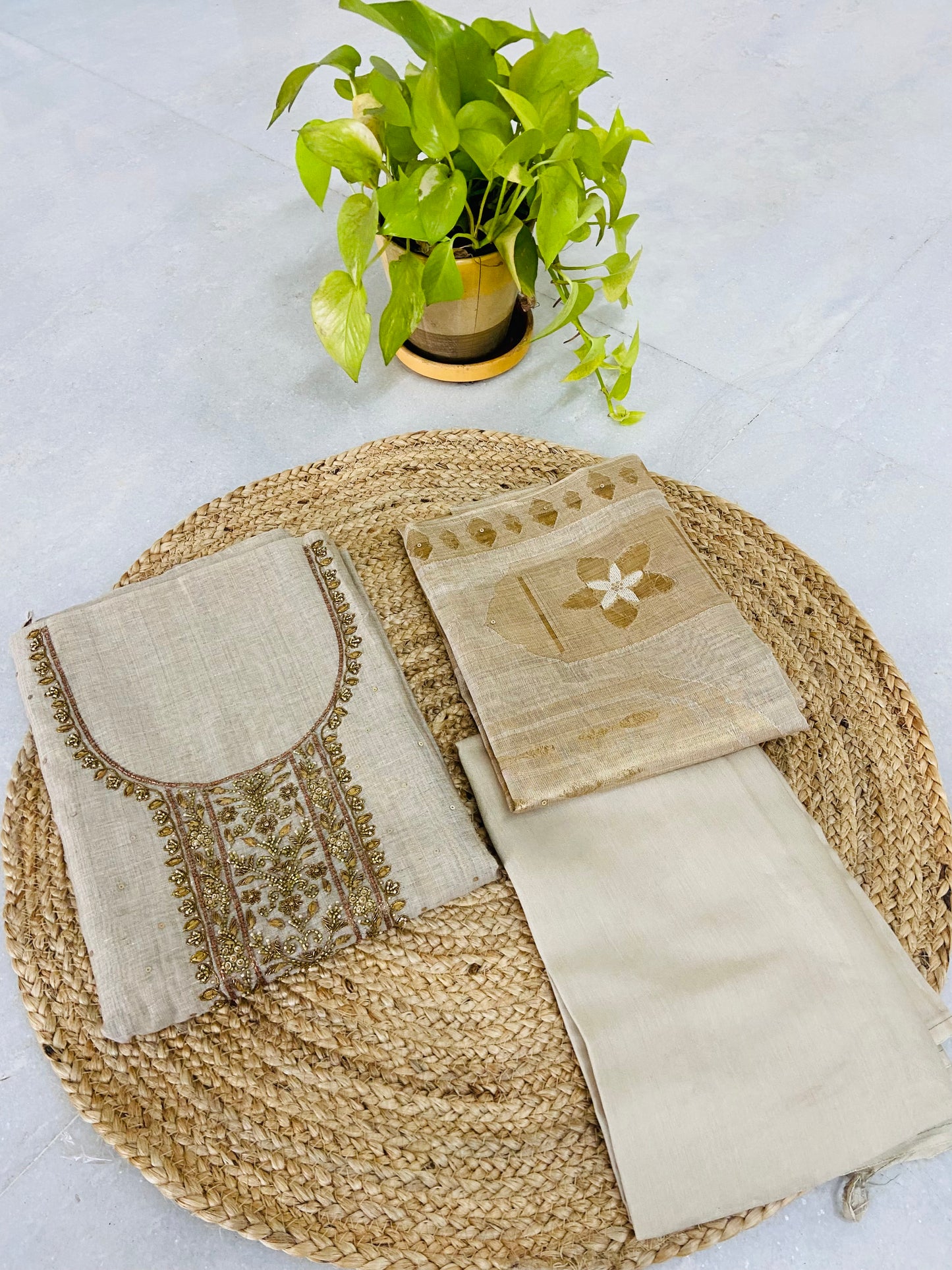 LB0124-II Kora Chanderi Silk Handwork Cream Coloured Suit Set