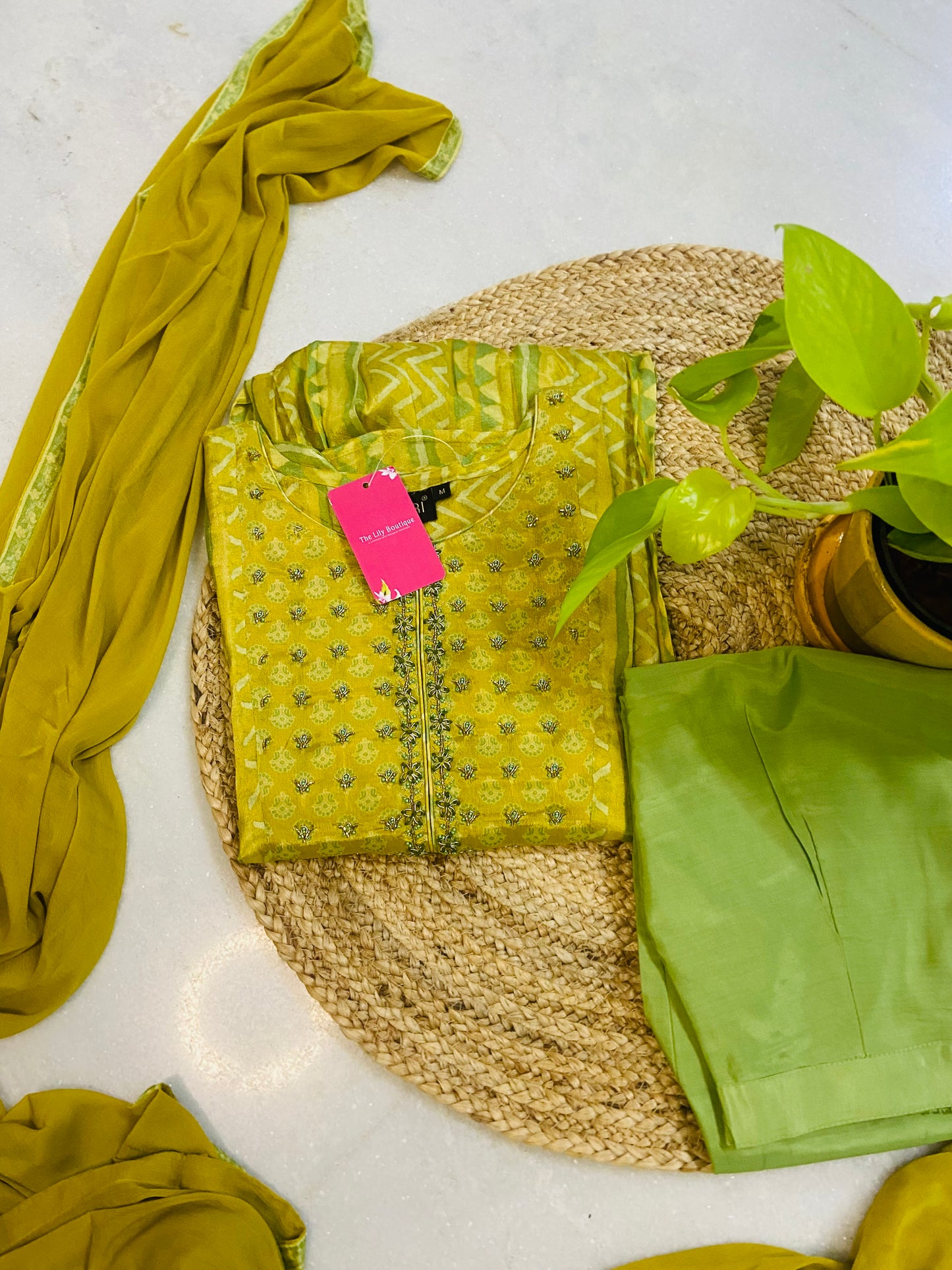 LB0036-Mild Green Chinon Silk Salwar Suit Set with Muslin Straight cut bottom pant