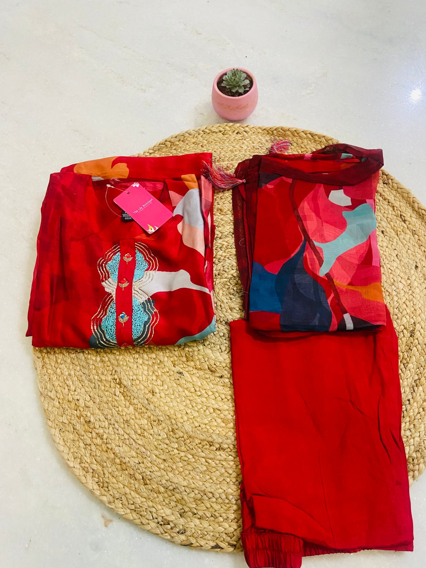 LB0053-Red Coloured Muslin Salwar Suit Set