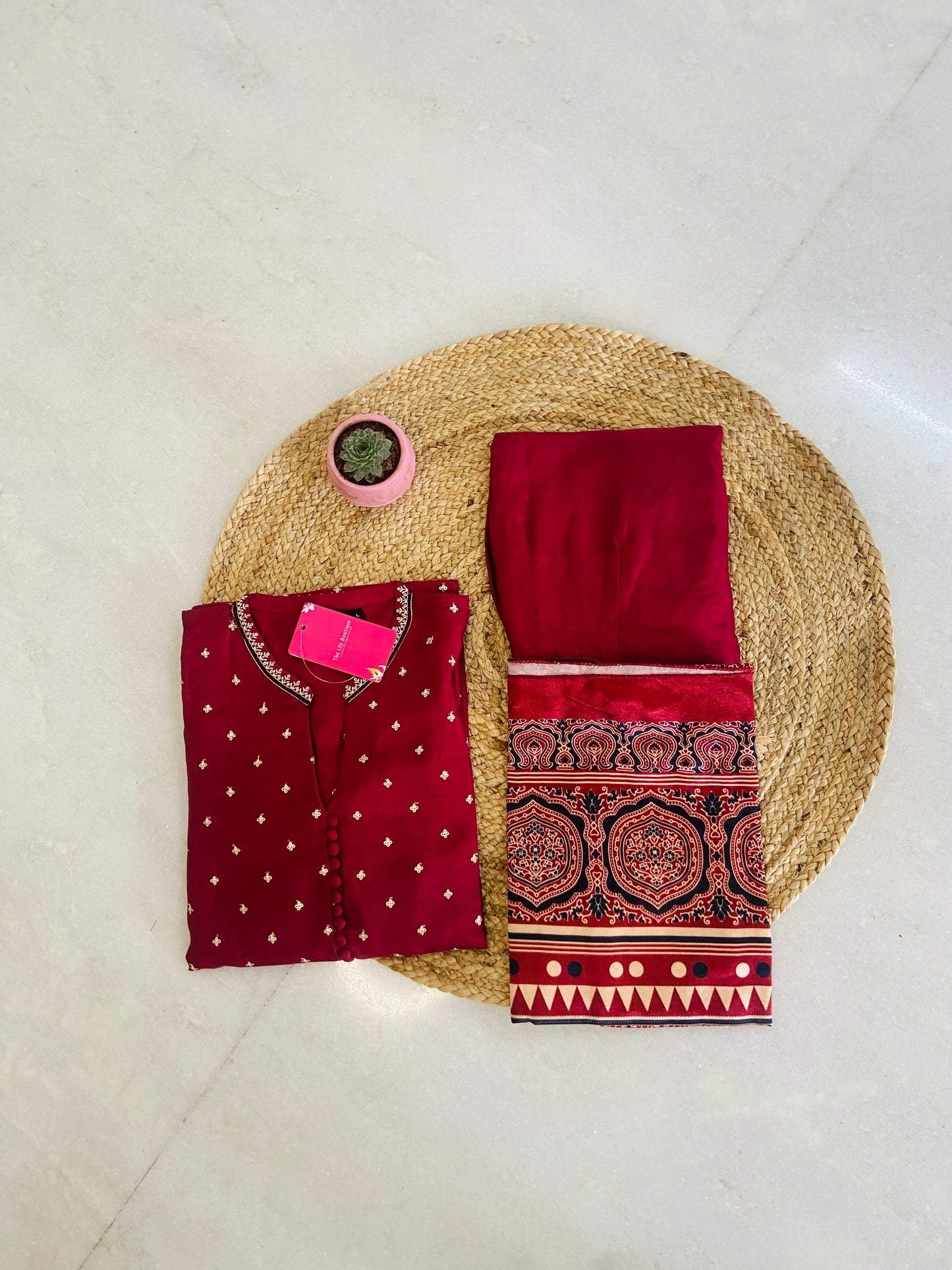 LB0023-Maroon Dola Silk Salwar Suit Set with Mashroo Dupatta