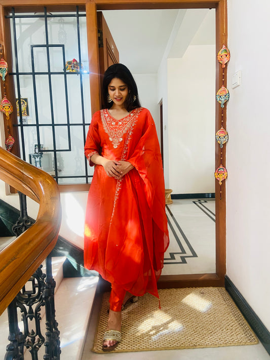 LB0047-Orange Coloured Premium Silk Salwar Suit Set