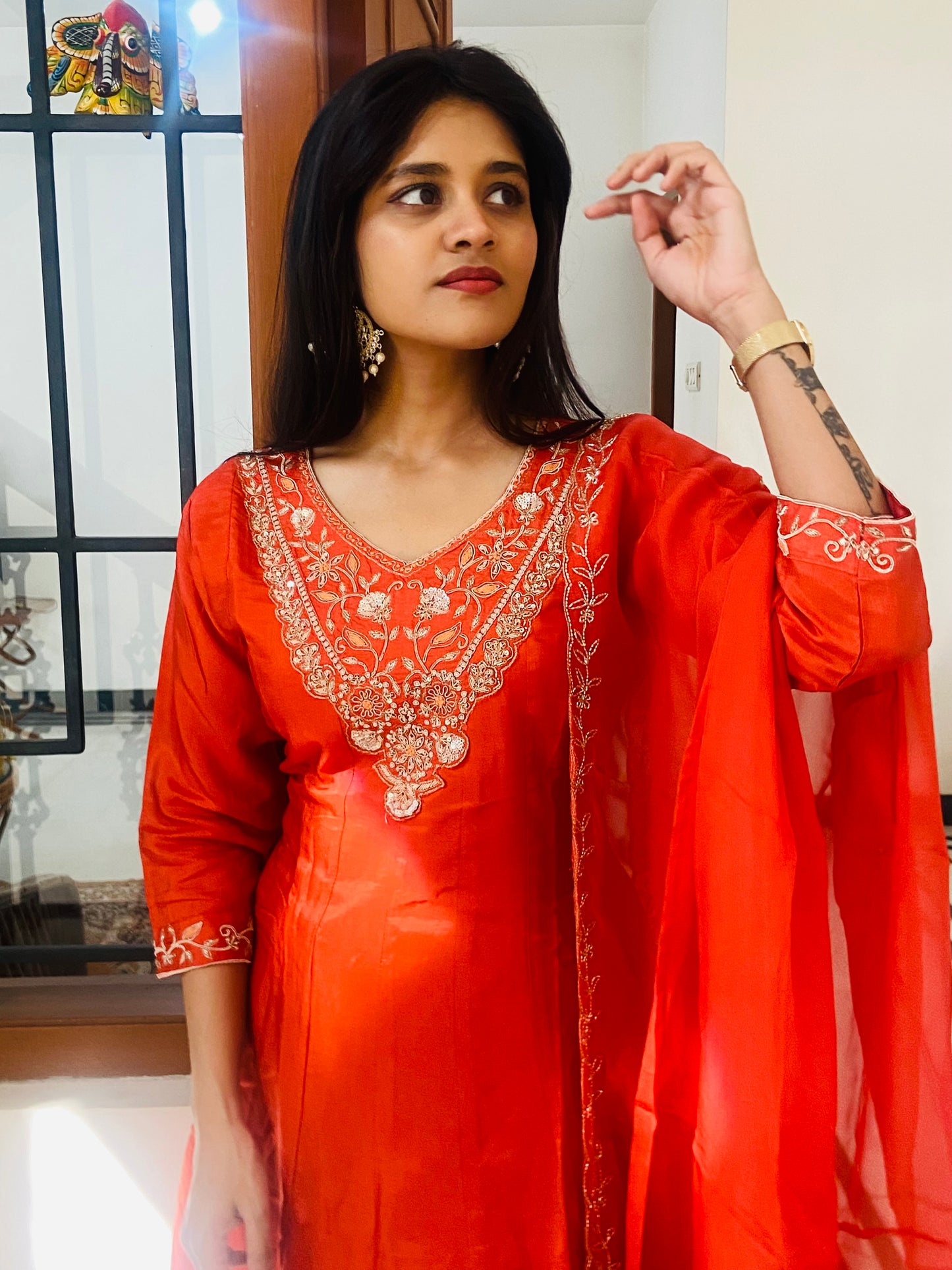 LB0047-Orange Coloured Premium Silk Salwar Suit Set