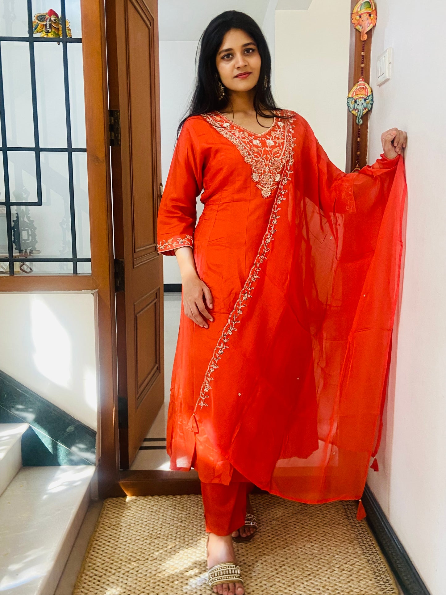 LB0047-Orange Coloured Premium Silk Salwar Suit Set