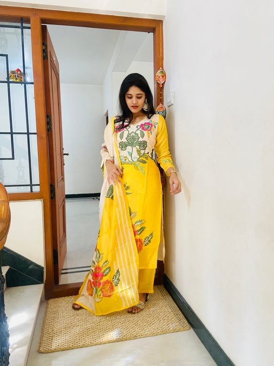 LB0055-Yellow Coloured Muslin Salwar Suit Set