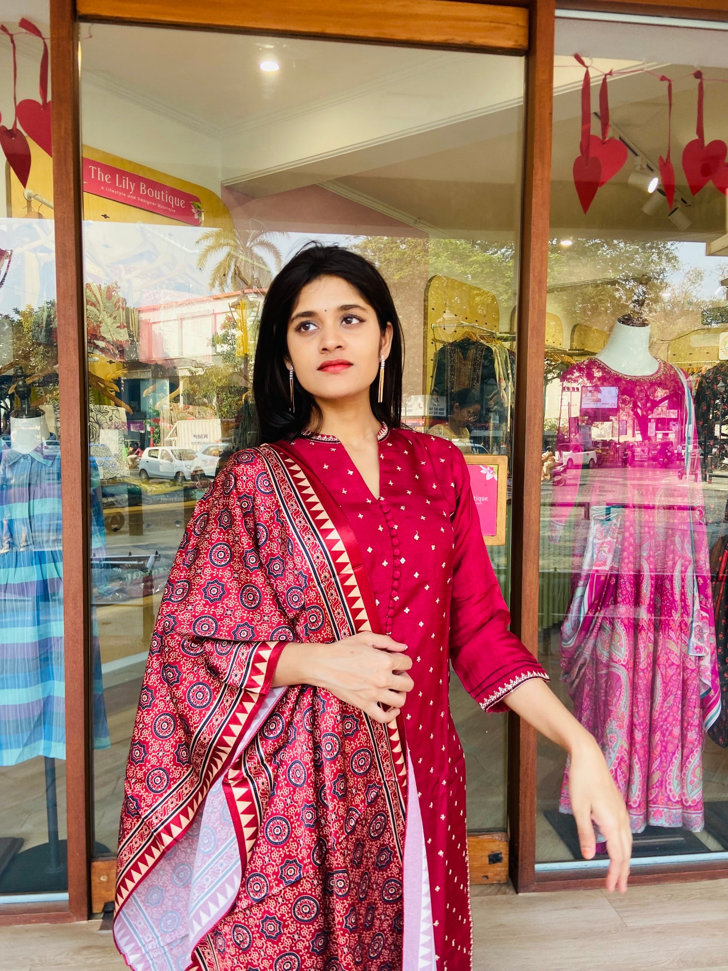 LB0023-Maroon Dola Silk Salwar Suit Set with Mashroo Dupatta