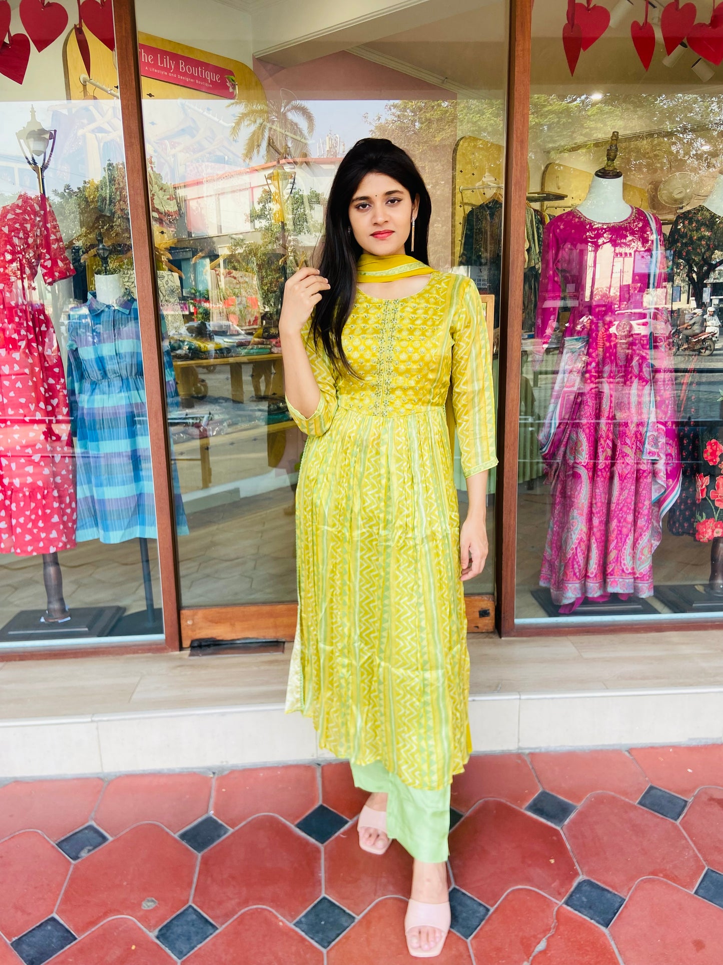 LB0036-Mild Green Chinon Silk Salwar Suit Set with Muslin Straight cut bottom pant