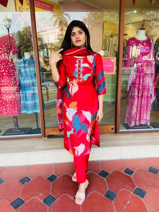 LB0053-Red Coloured Muslin Salwar Suit Set