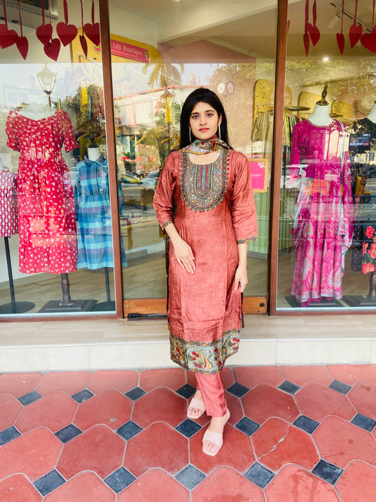 LB0072-Silk Salwar Suit set with Kalamkari print