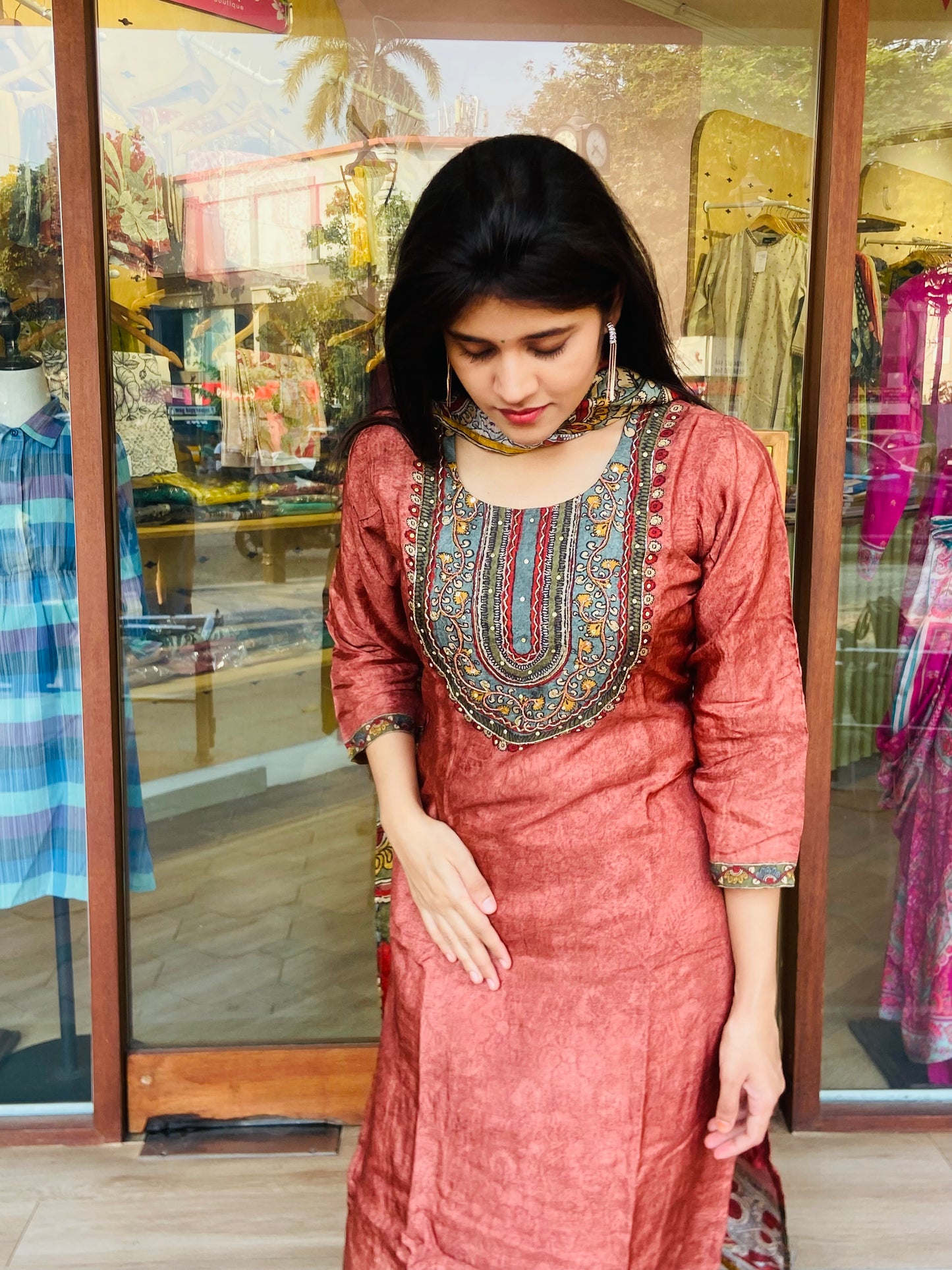 LB0072-Silk Salwar Suit set with Kalamkari print