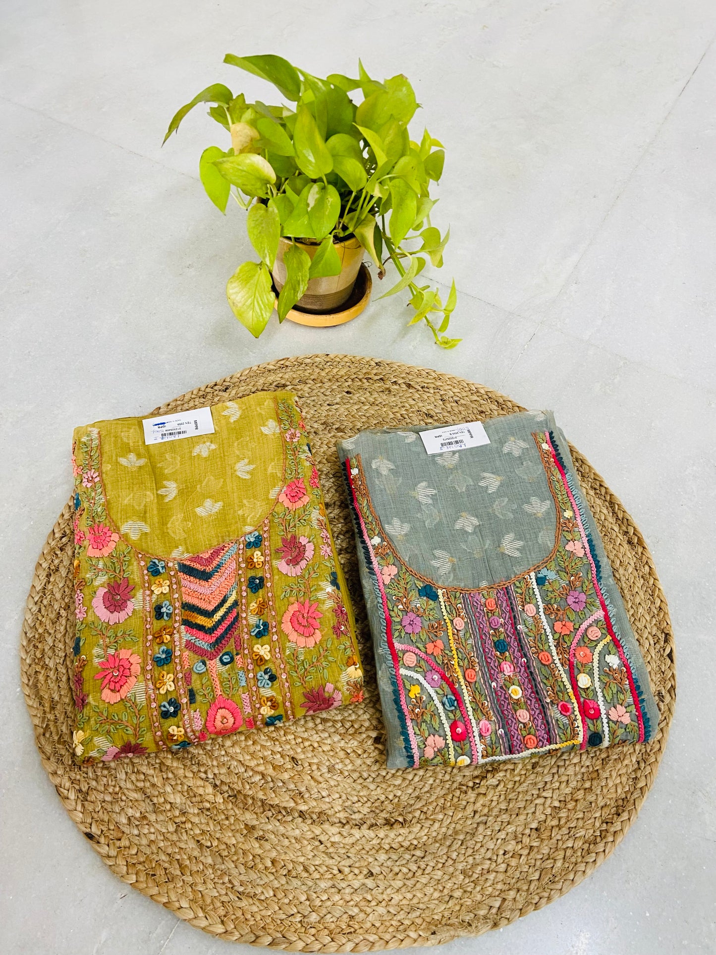 LB0127-II and LB0128-II Pure Green and  Grayish Mul Chanderi Silk with Jamdani Weaving