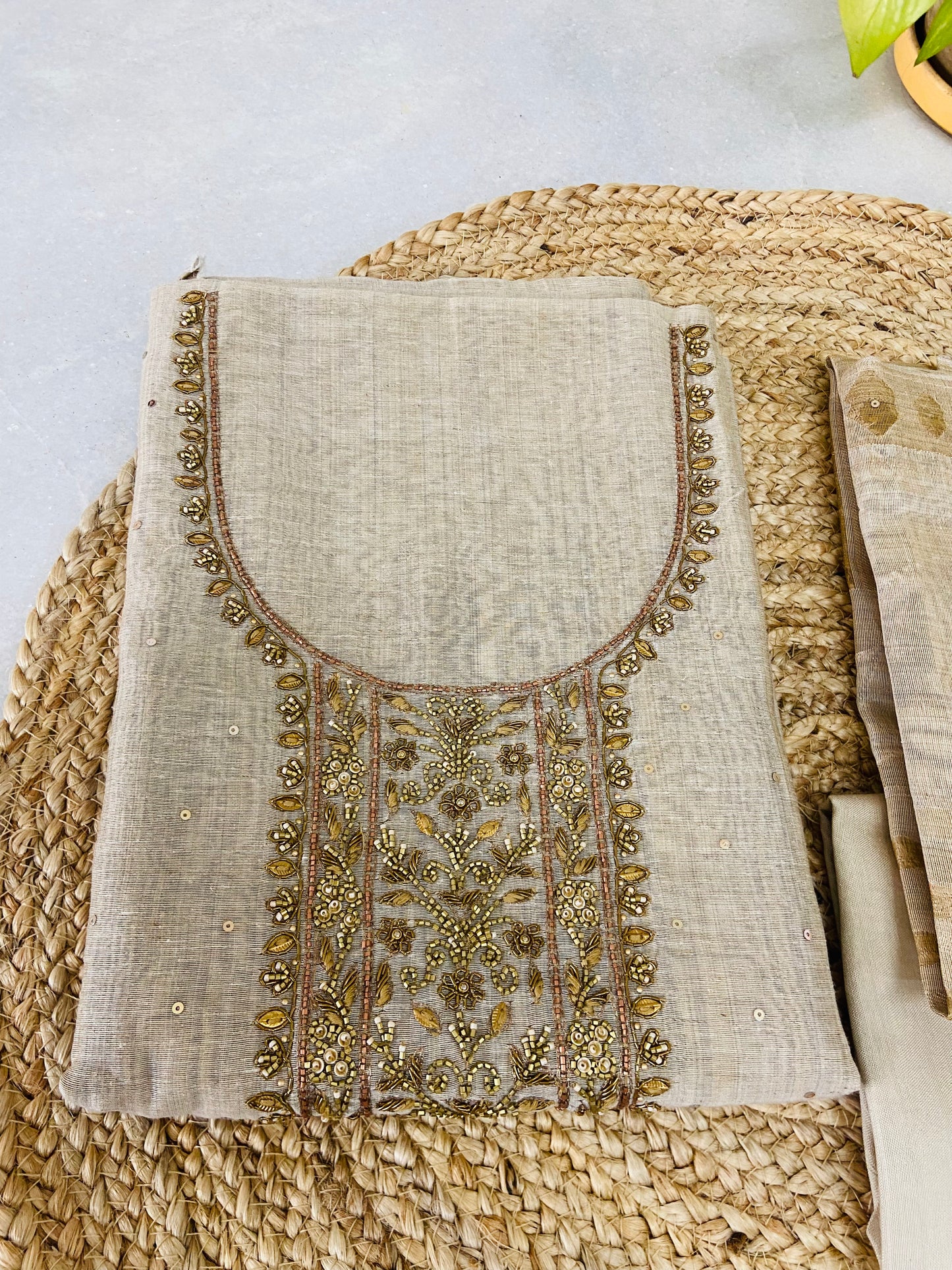 LB0124-II Kora Chanderi Silk Handwork Cream Coloured Suit Set