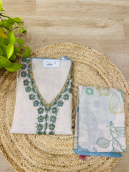 LB0123-II Off-White and Green Unstitched Salwar Suit Set